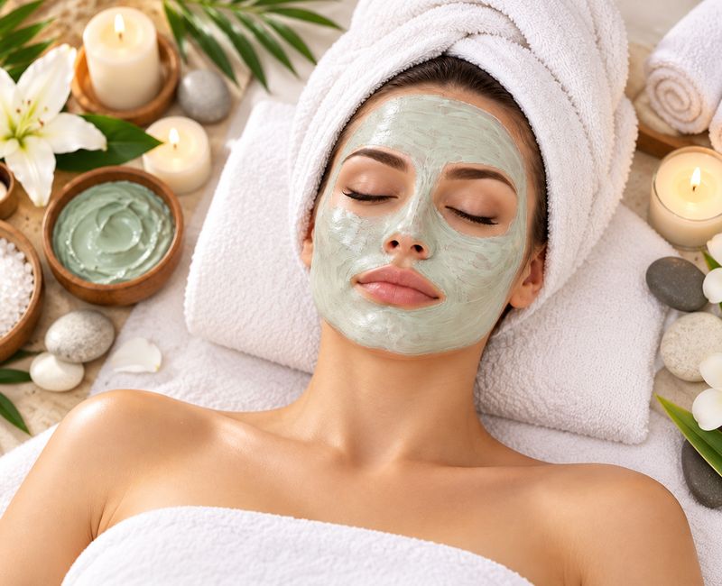 Guest resting in a green clay mask beside candles and orchids