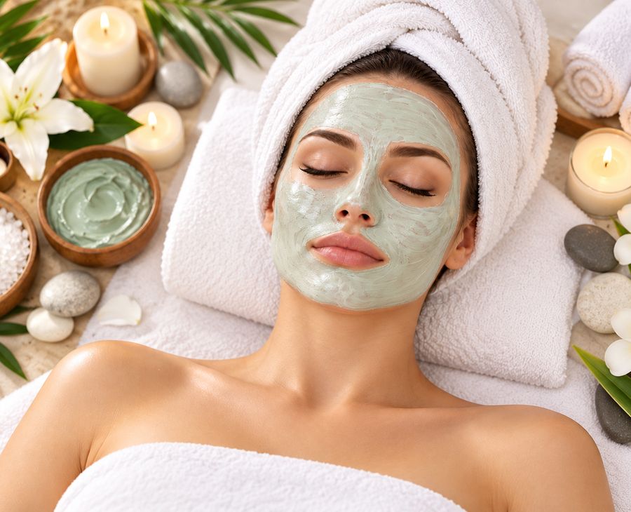 Guest relaxing in a green clay mask during a facial